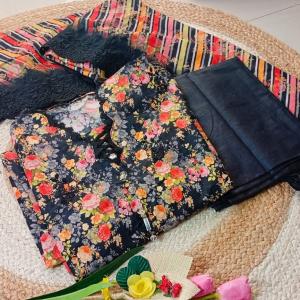 Ladies threepiece Floral print neck design with lace and beads